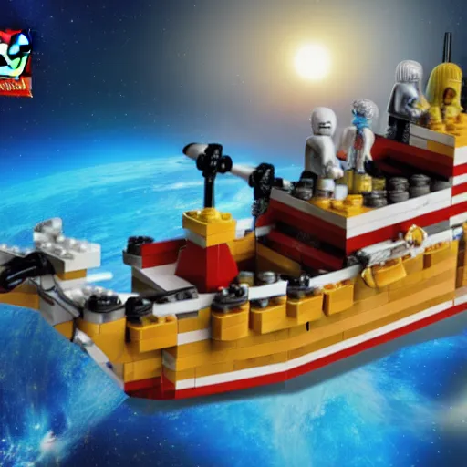 Prompt: lego scene of a pirate ship in space, photo realistic hd