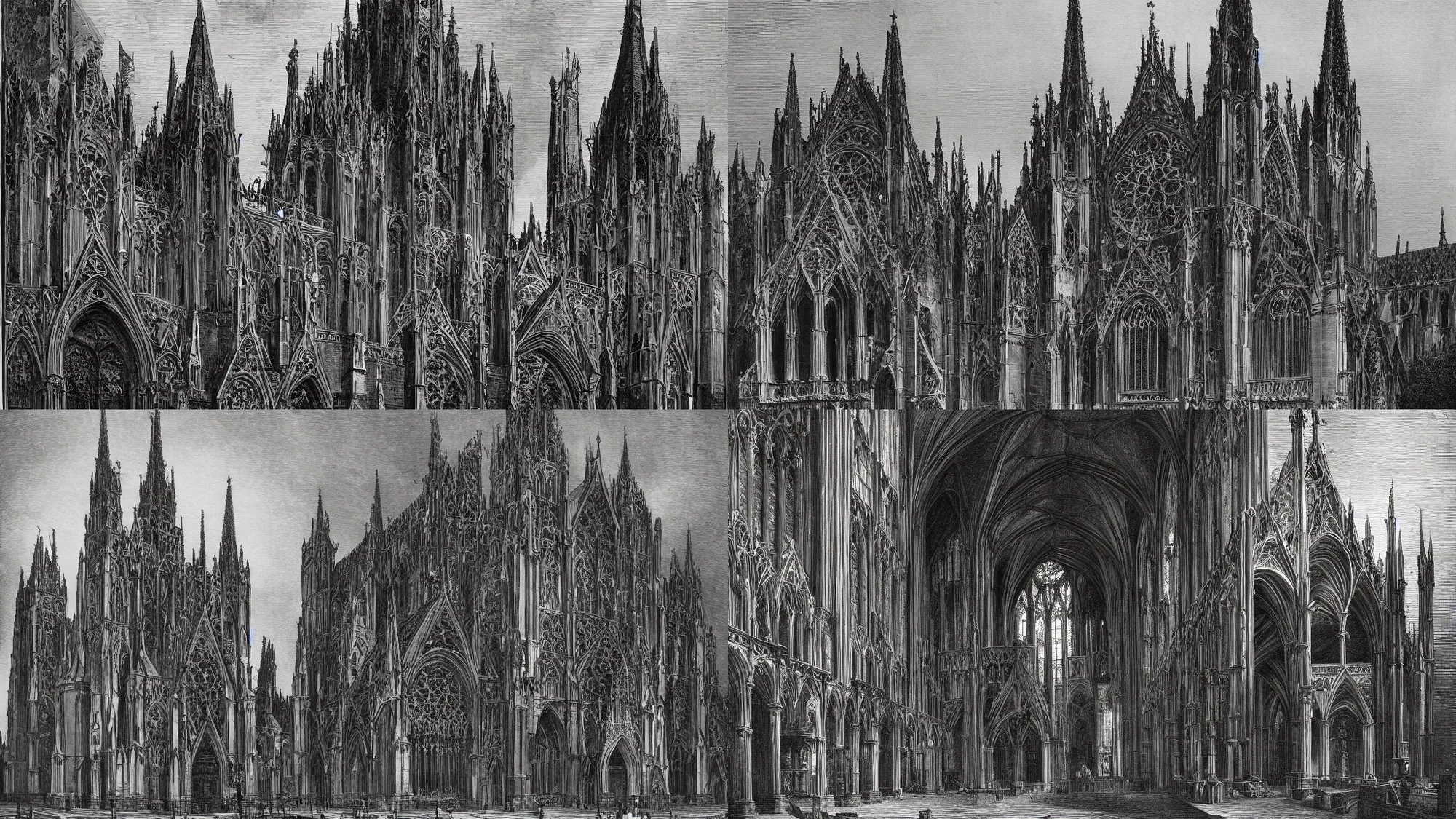 Prompt: cathedral, gothic architecture, black and white, hyper detailed, gustave dore