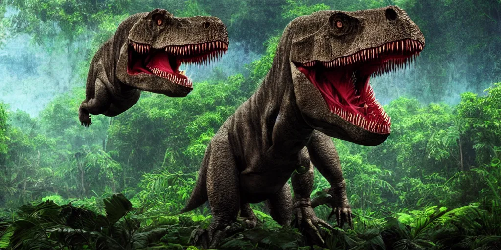 Image similar to photo realism, vary sad, cry tyrannosaurus rex, background jungle, 4 k