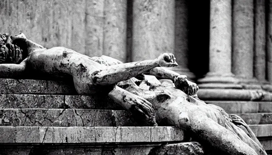 Prompt: 1 9 6 0 s movie still close - up of caligula laying dead on the ancient amphitheater's stairs blood flaque, cinestill 8 0 0 t 3 5 mm, high quality, heavy grain, high detail, dramatic light, anamorphic