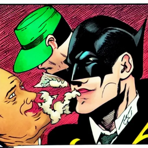 Image similar to the Riddler kissing manly Batman, tabloid, amazing, realistic, trending