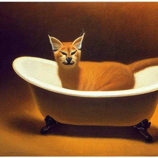 Image similar to cute caracal in bathtub, extremely detailed masterpiece, oil on canvas, low-key neon lighting, artstation, Blade Runner 2049, Roger Deakin’s cinematography, by J. C. Leyendecker and Peter Paul Rubens and Edward Hopper and Michael Sowa