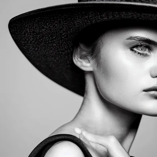 Image similar to black and white centered close-up of fashion model girl in wide white hat, hyperrealism