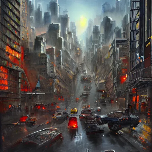 Image similar to a group of angry monkeys attack manhattan, dramatic painting, trending on artstation, 4 k, concept art