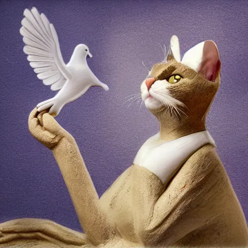 Image similar to cat playing with the dove of peace, photorealistic, detailed