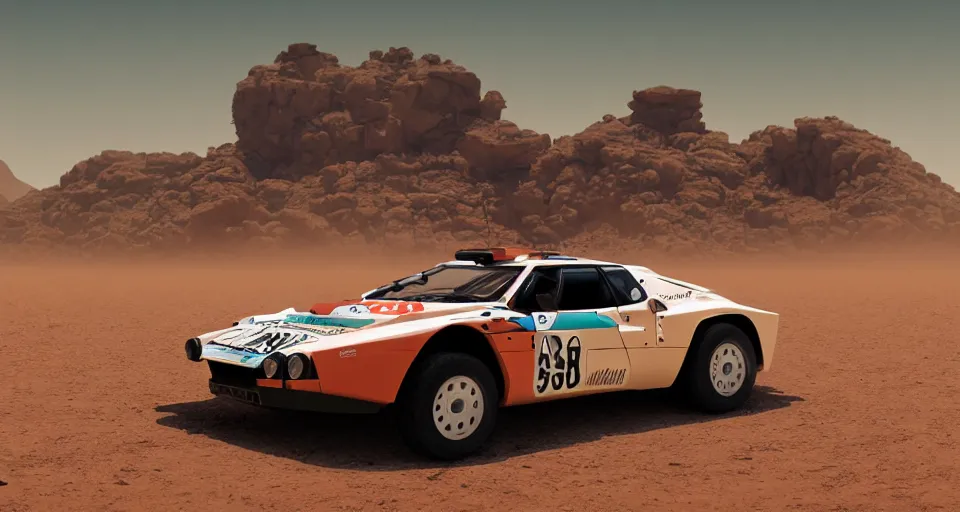 Image similar to Lancia Stratos Rally car racing in a desert, landscape, center composition, cinematic, rendered by simon stålenhag, rendered by Beeple, Makoto Shinkai, syd meade, environment concept, digital art, unreal engine, 3 point perspective, WLOP, trending on artstation, low level, 4K UHD image, octane render,