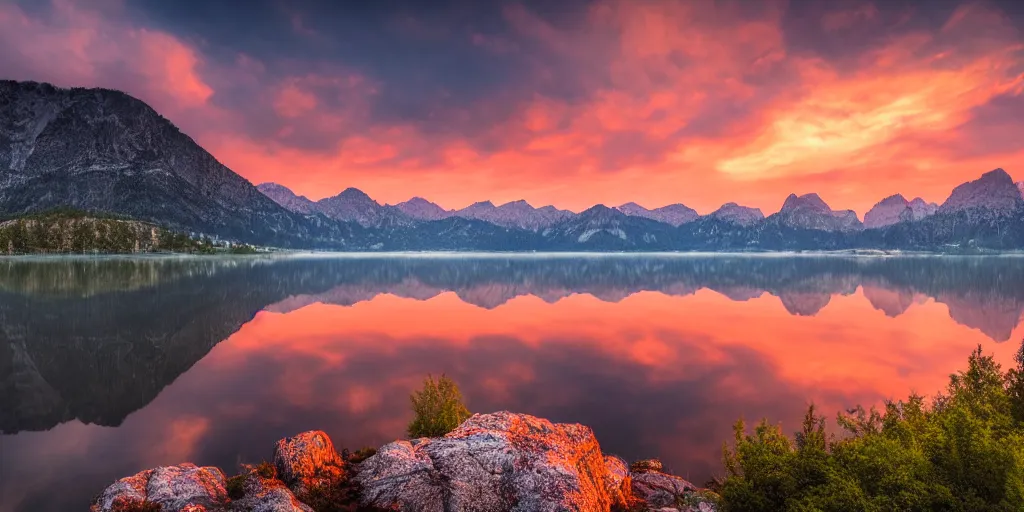 Prompt: photo of a sunset on a lake with mountains in the background, landscape, beautiful, elegant, award winning photograph, highly detailed, high resolution photo, trending on artstation, 4 k