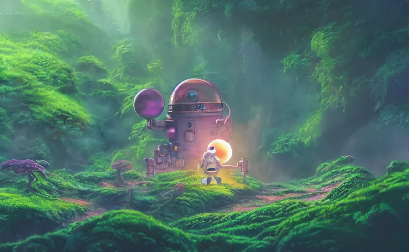 Image similar to a still of a cute adorable tiny astronaut, on a planet of lush colorful foliage, with an enormous kaiju dragon in the background, magical forest, sharp focus, neon backlit, highly detailed, disney pixar studio ghibli makoto shinkai, digital painting, matte, octane render, global illumination, iridescent, anime, 8 k concept art