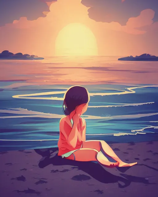 Image similar to a little girl sit beach. clean cel shaded vector art. illustration art by lois van baarle and helen huang and artgerm and makoto shinkai