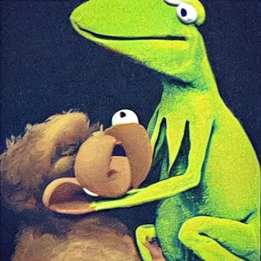 Image similar to “Kermit the Frog Devouring His Son” by Francisco Goya