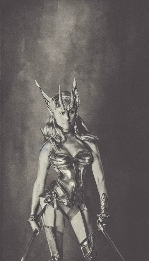 Image similar to she - ra, portrait, full body, symmetrical features, silver iodide, 1 8 8 0 photograph, sepia tone, aged paper, sergio leone, master prime lenses, cinematic