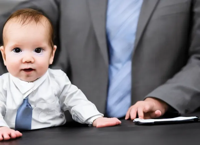 Image similar to a baby in a business suit sitting at the witness stand