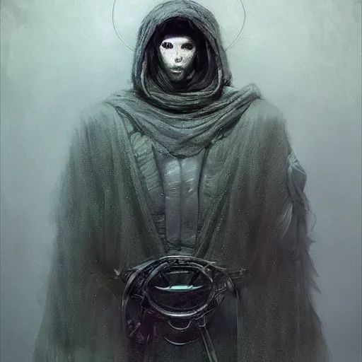 Prompt: self portrait of a quest giver. Full body with cloak and body armor, digital art, realistic, ultradetailed, concept art in the style of r/retrofuturism, art by Beksinski and Dariusz Zawadski, trending on artstation, devianart, cgsociety