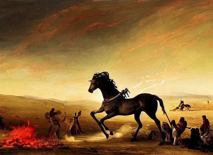 Image similar to white horse wounded heavily by multiple arrows in the aftermath of a battle in the middle of a desert and in the background there are burning tents and women covered in black veil and the sky is dark and filled with red clouds and a sun in the horizon, artistic, intricate details, islamic history, dramatic