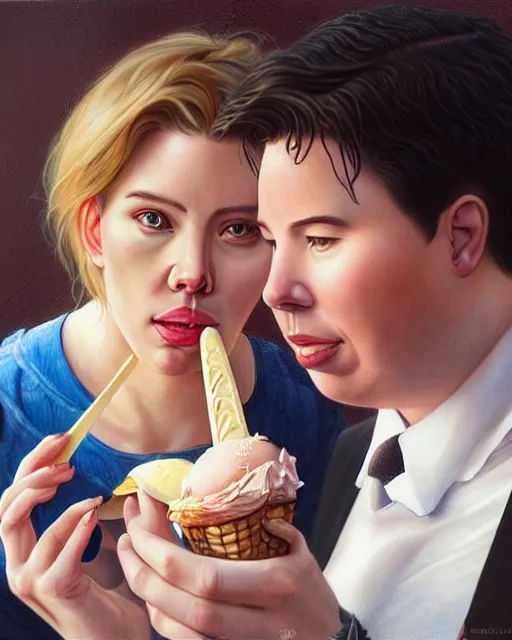 Image similar to Portrait of Michael Mcintyre & Scarlett Johanssen eating ice creams in Porto,real life skin, intricate, elegant, highly detailed, artstation, concept art, smooth, sharp focus, art by artgerm and greg rutkowski and alphonse mucha