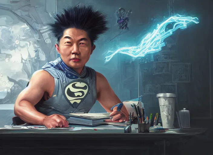 Image similar to an insanely detailed painting of an asian man wearing a homemade superhero costume, sitting at a desk, staring seriously at the computer and typing, in the style of peter mohrbacher, james jean, artgerm, dramatic lighting and composition, surreal background, octane render, pixar, trending on artstation, concept art, comic book, view from behind, 8 k