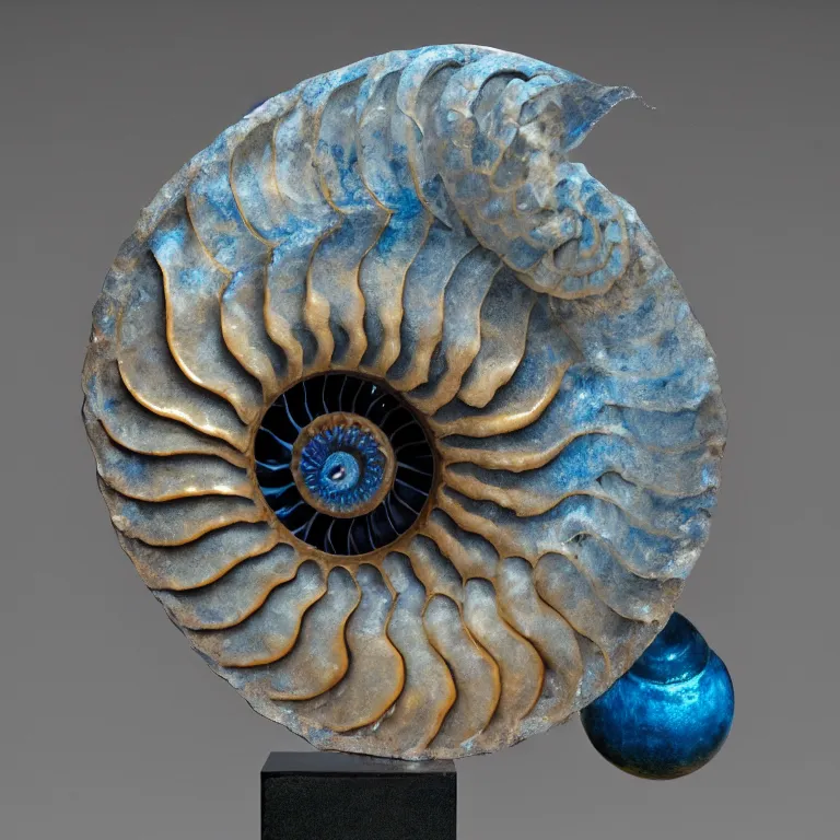 Prompt: hyperrealistic sculpture of a bronze fossilized nautilus ammonite dusted with blue spraypaint in a grid cage on a pedestal by ron mueck and duane hanson and lee bontecou, hyperrealistic dramatic colored lighting trending on artstation 8 k