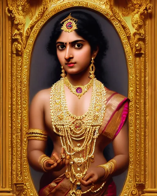 Image similar to photo of a gorgeous young Indian woman wearing elaborate heavy baroque jewelry and crown and rococo ornaments in the style of stefan kostic, realistic, sharp focus, symmetric, 8k high definition, insanely detailed, intricate, elegant, art by stanley lau and artgerm, William-Adolphe Bouguereau