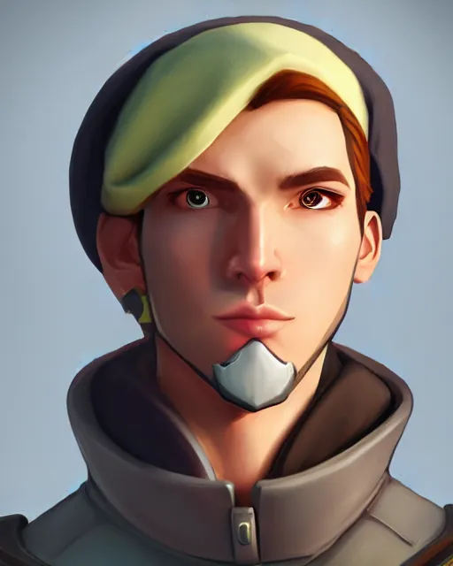 Image similar to overwatch concept art character portrait of a new character who is a young blonde man with a beret with stubble face and long nose and gaunt cheeks, trending on artstation, cgsociety,