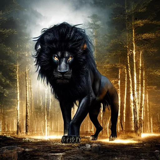 Image similar to epic photography of black lion with gold lightnings in the fur in the middle of the ancient forest , colossal scale, photorealistic, high details, intricate by Nick Nichols and Evgeniy Antonenkov