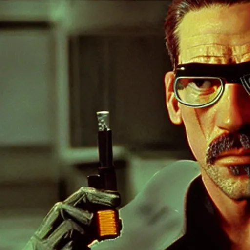 Image similar to a film still of Gordon Freeman in The Matrix (1999)