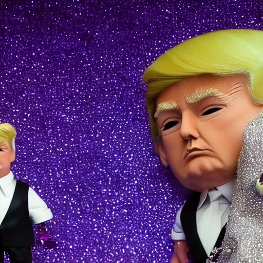 Image similar to Donald Trump with silver-violet hair, white eyes and golden glittery dress, wide lens, diorama, 4k,