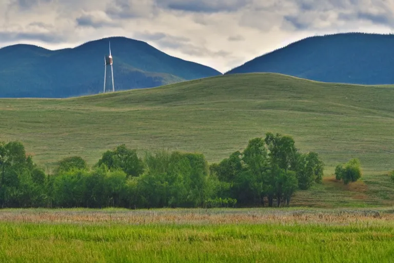 Image similar to a hill with a radio tower next to a pond, hills in background. telephoto lens photography.