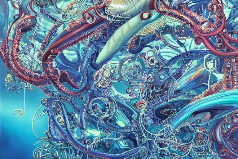 Image similar to complex and beautiful deep sea life by james jean and salvador dali and shusei nagaoka, deep sea mecha, bioluminescence mollusks, iridescent fantasy machinery, retro, nostalgic, vintage sci - fi, exquisitely intricate details, surrealism, hyper realistic, ultra detailed, cell shaded, 8 k
