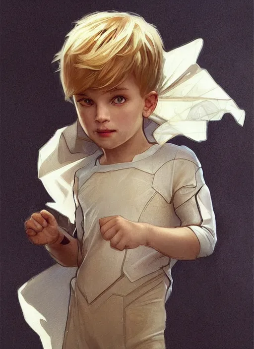 Prompt: a little boy with a mischievous face and short straight blonde hair. he is dressed as a superhero. clean elegant painting, beautiful detailed face. by artgerm and greg rutkowski and alphonse mucha