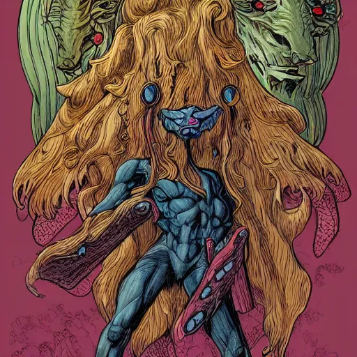 Prompt: precisely drawn illustration of an unknown magical creature from folklore, wide angle, sharp, fine details, french comic style, vibrant realistic colors, full color, heroic fantasy, clear detailed view, intense line art, 8 k, precise linework, realistic, in the style of heavy metal comics and richard corben and moebius