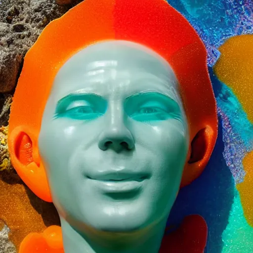 Prompt: a giant human head sculpture in the sea made out of juicy and transparent colorful jelly, long shot, hyper detailed, hyper realistic, ray tracing, 8 k resolution, sharp focus, realistic water, award winning