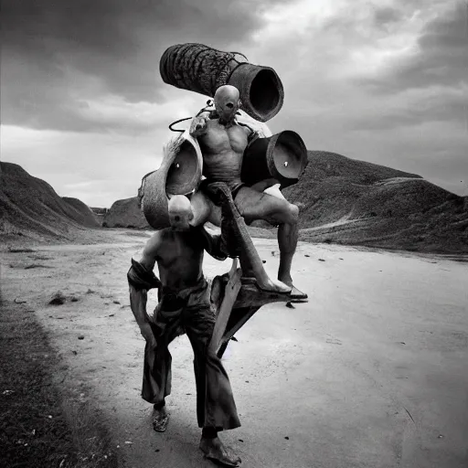 Image similar to a muscular bald man carrying two turbines on his back, portrait photograph, nikon 3 5 mm, photograph by annie leibovitz and steve mccurry