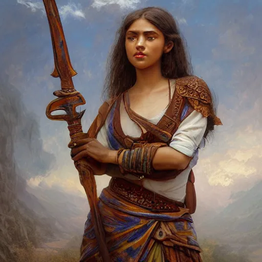 Image similar to artstation concept of a beautiful girl holding a sword in both hands, brown skin, sweaty skin, symmetrical face, casual white garment, brown canyon background, shiny colorful, hyperdetailed, artstation trending, world renowned artists, worth1000.com, historic artworks society, antique renewel, cgsociety, by greg rutkowski, by Gustave Dore, Deviantart