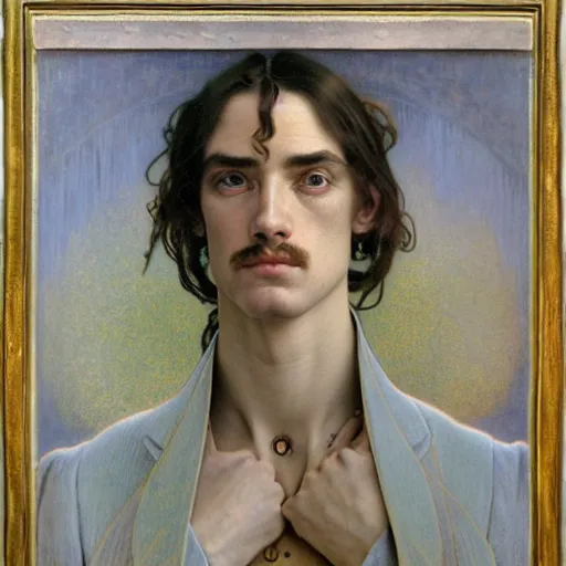 Image similar to realistic extremely detailed portrait painting of. an average. man with his. briefcase .in his. left hand . by Jean Delville, Amano, Yves Tanguy, Alphonse Mucha, Ernst Haeckel, Edward Robert Hughes, Roger Dean, pale muted pastel moody colors, gold eyes