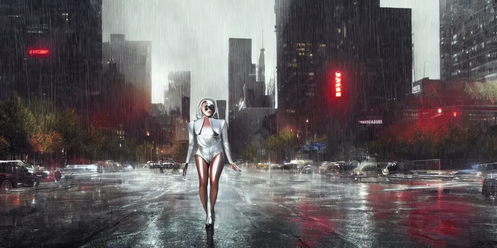 Prompt: lady gaga's chromatica reinvention of downtown denver with heavy rain, cinematic, ultra - realistic, ultra - detailed, octane render, unreal engine 5, depth of field