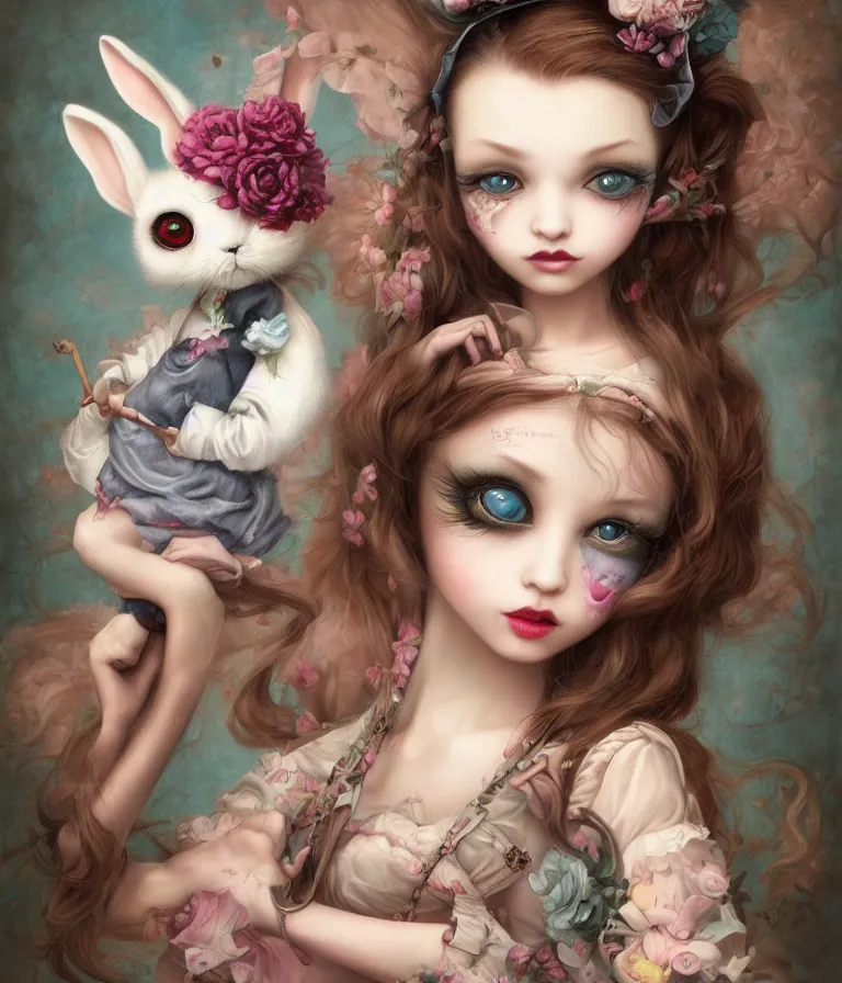 Prompt: pop surrealism, lowbrow art, realistic cute alice girl holding a bunny painting, japanese street fashion, hyper realism, muted colours, rococo, natalie shau, loreta lux, tom bagshaw, mark ryden, trevor brown style