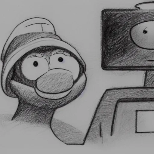 Image similar to a pencil sketch low fi of a sloth wearing a hat, in front of a monitor, using the mouse, grew wakowsky, rick and morty, simpsons