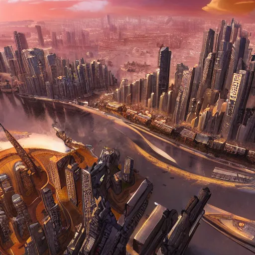 Image similar to continent - size city, above view, futuristic, magnificent imperial cyberpunk city hd photorealistic