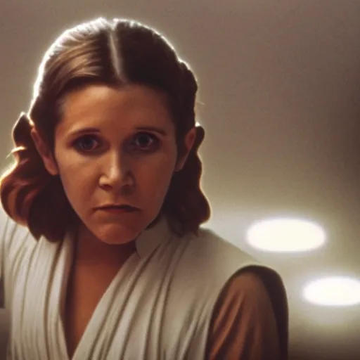 Image similar to film still of carrie fisher as a kid in new star wars movie, dramatic lighting, highly detailed face, kodak film, wide angle shot,