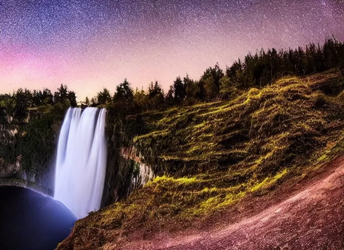 Image similar to a long capture photo of a magical waterfall, high cliff, night, stars in the sky