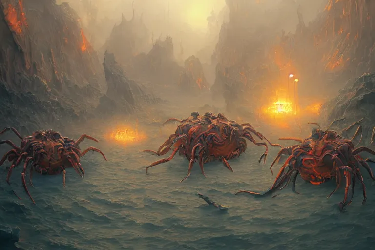 Image similar to an intricate colorful matte painting of a herd of giant alien crabs running abound, by Christophe Vacher and Bastien Lecouffe-Deharme, trending on artstation