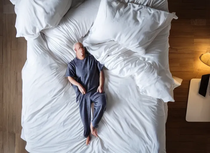 Prompt: a very huge bed, empty, white wrinkled sheets, in which a man in pajamas, floating!!! above the bed, is sleeping on his side, ultrawide shot, aerial view, general llustration, 8 k, sharp focus, studio light, trending on artstation