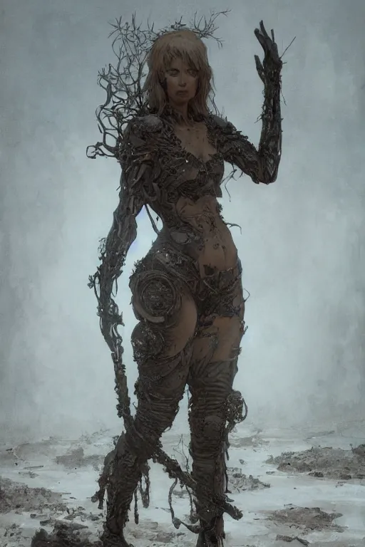 Prompt: a full body portrait of a beautiful post apocalyptic offworld nordic necromancer reposed by the mud pits, intricate, elegant, highly detailed, digital painting, artstation, concept art, smooth, sharp focus, illustration, art by krenz cushart and artem demura and alphonse mucha