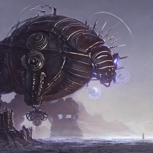 Image similar to giant armored ashigaru beetle war construct golem, glowing gnostic brian froud markings, magic and steam - punk inspired, in an ancient stone circle on a plateau in a blizzard, concept painting by jessica rossier, hr giger, john berkey