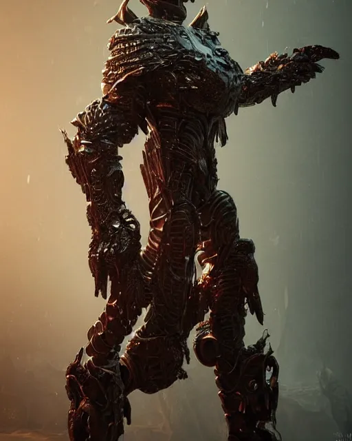 Prompt: a sci fi quarter - length portrait of a shadow demon wearing ornate armor made of sci fi metal plates, cinematic lighting, high detail, dark fantasy, unreal engine, octane render, by vitaly bulgarov artstation, realistic metal reflections, fog volumes, hard surface character pinterest, vivid red glow, post processing, cgsociety