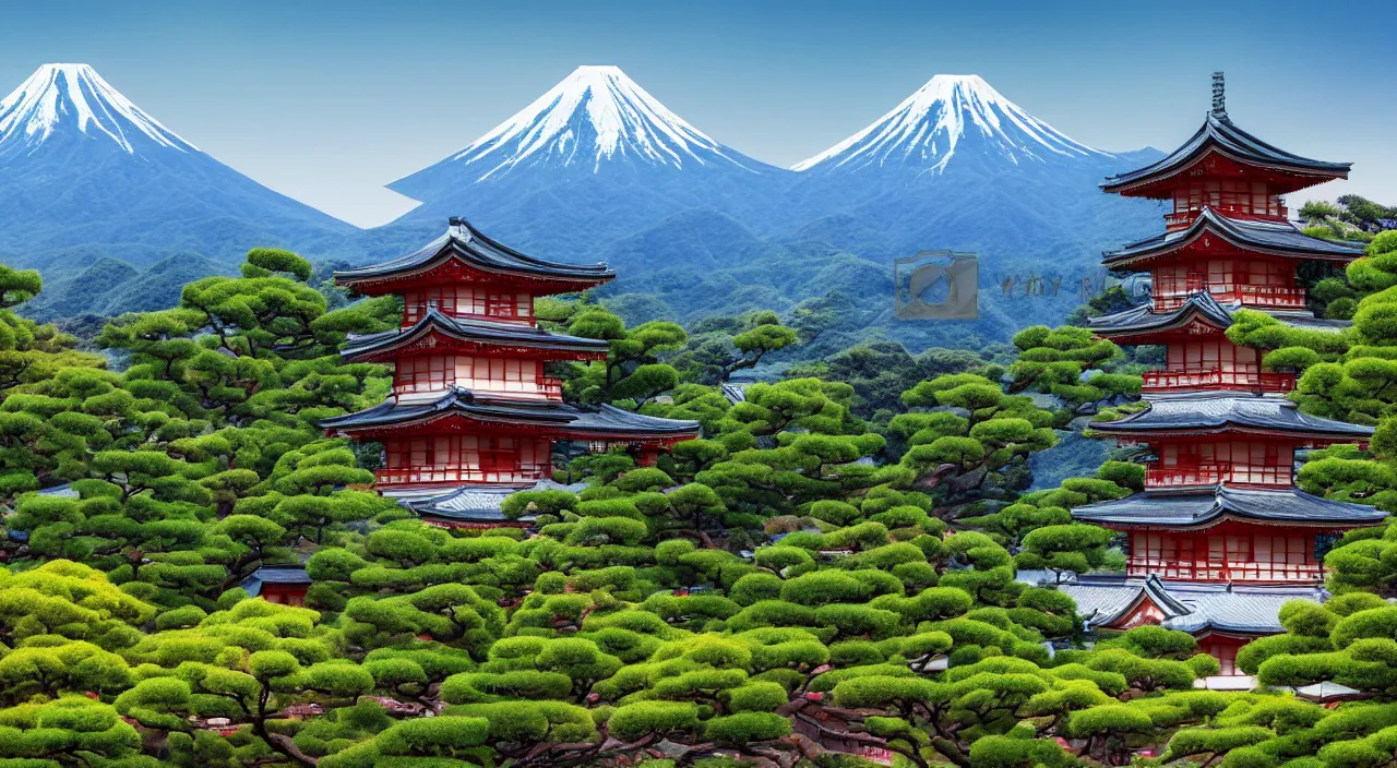 Prompt: a Japanese castle, with a garden as foreground, with mountains as background, in the style of digital art