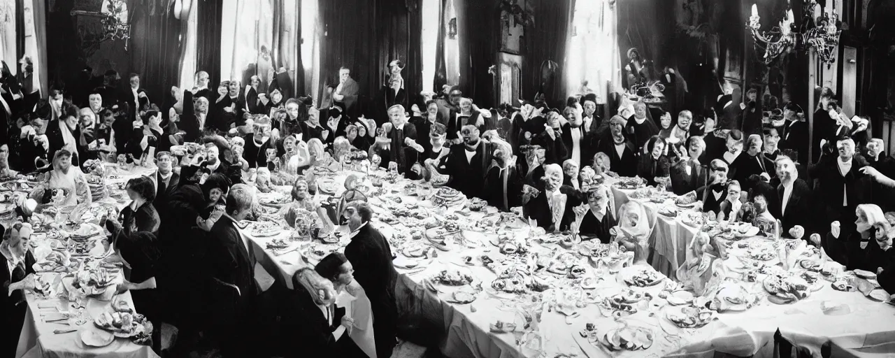 Image similar to a long banquet table covered in spaghetti, victorian era, excited guests, detailed expression, canon 5 0 mm, cinematic lighting, photography,, film, kodachrome