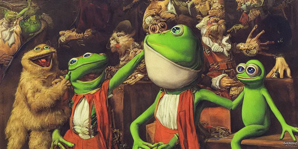 Image similar to pepe the frog, proclamation of the german empire by anton von werner