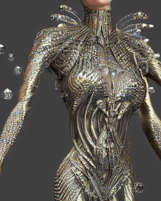 Image similar to a highly detailed metahuman 4 k close up render of an alien goddess bella hadid monument spider in iris van herpen dress schiaparelli in diamonds crystals swarovski and jewelry iridescent in style of alphonse mucha gustav klimt trending on artstation made in unreal engine 4