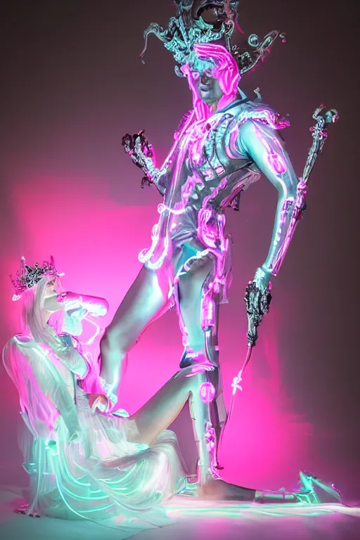 Image similar to full-body rococo and cyberpunk style neon statue of a young attractive Jose macho dotado e rico android sim roupa reclining con las piernas abertas e la piroca dura, glowing white lasers, glowing eyes, silver prince crown, black gears, pink diamonds, swirling mint-colored silk fabric. futuristic elements. ethereal white dripping tar. full-length view. human skulls. large pink balloon animals. intricate artwork by caravaggio. Trending on artstation, octane render, cinematic lighting from the right, hyper realism, octane render, 8k, depth of field, 3D